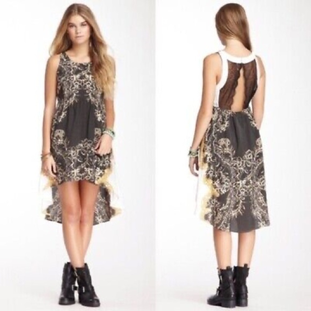 Free People Gray Cream Floral Russian Plate Lace Open Back High Lo Fairy Dress L